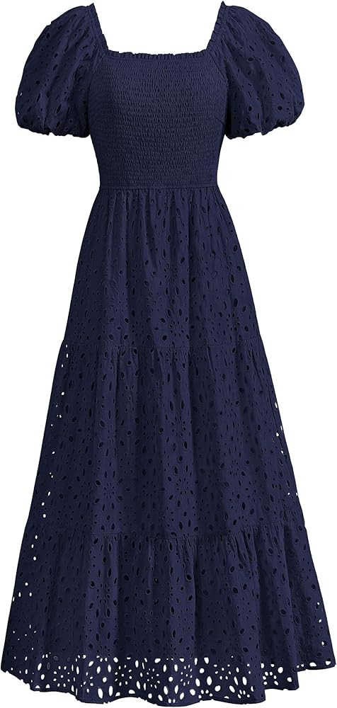 PRETTYGARDEN Summer Dresses for Women 2025 Eyelet Square Neck Puff Sleeve Smocked Wedding Guest M... | Amazon (US)