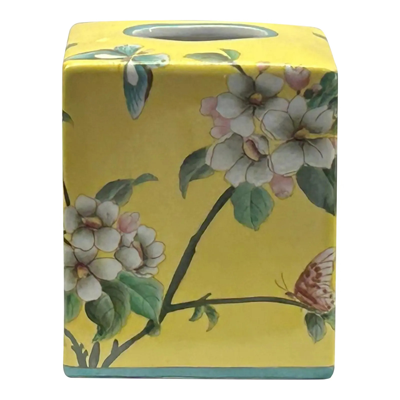 Yellow Flower Bird Graphic Square Porcelain Tissue Box Cover Container | Chairish