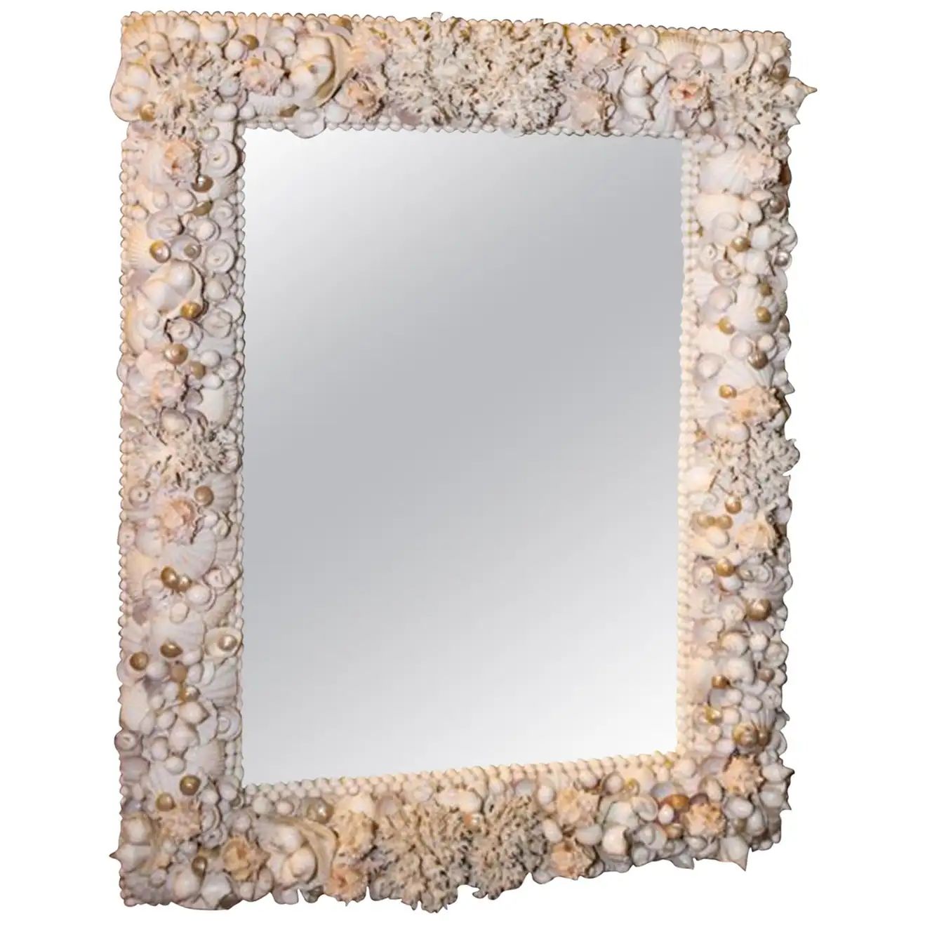 Grotto Style Shell Decorated Mirror 40" x 30" Great Composition, Detail & Depth | 1stDibs