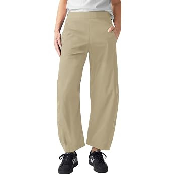 Womens Elastic Waist Ankle Pants Baggy Curved Tapered Leg Barrel Travel Pants with Pockets | Amazon (US)