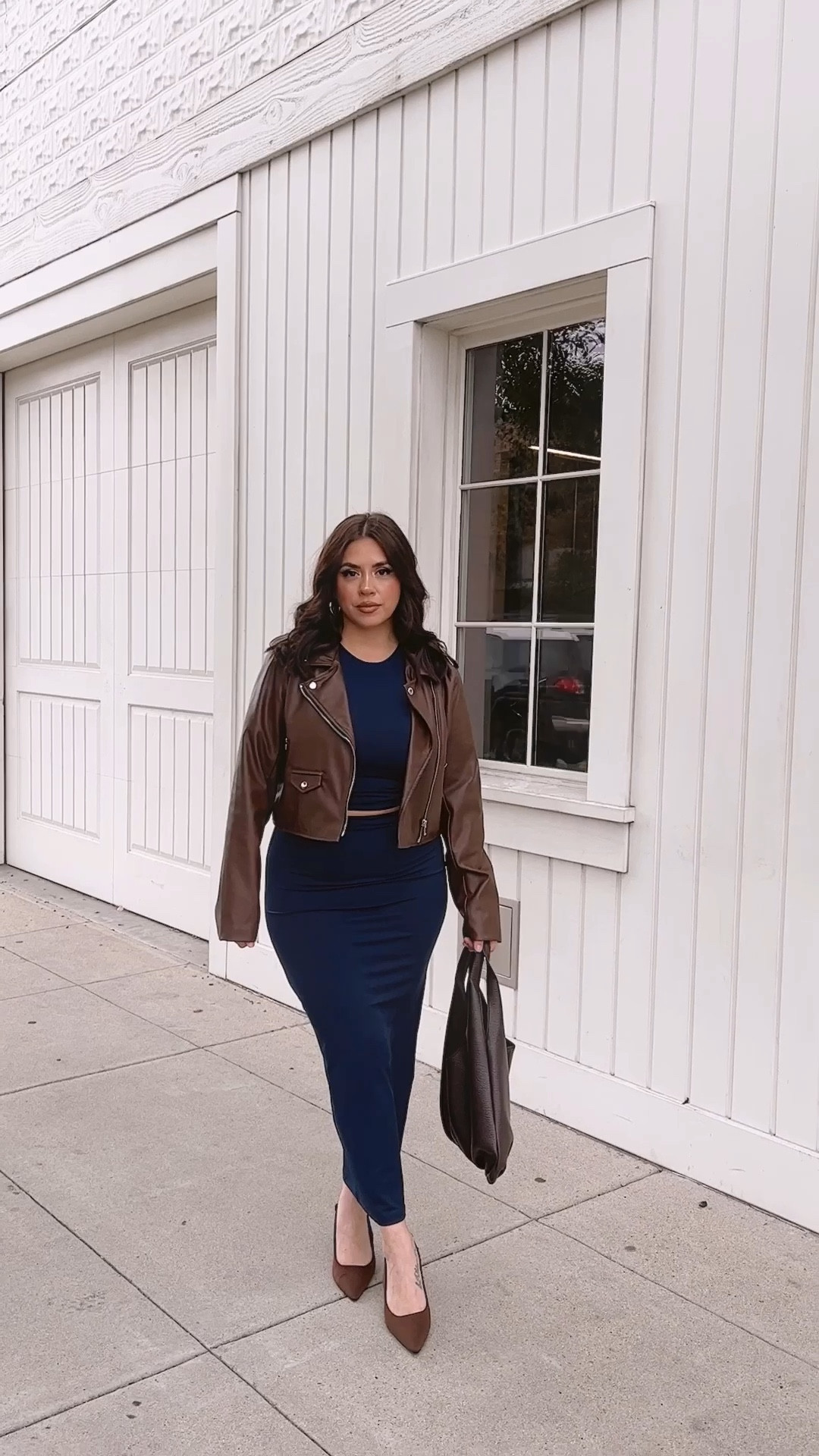 An outfit you can wear to work, out with friends, or at a family gathering. Two piece sets pair well with anything in your closet (top is double lined), everyone needs a pair of short stilettos heels and these are great for wide feet as well, paired with some fun faux leather pieces #workwear #holidayoutfits #leatherjacket #shein 

#LTKmidsize #LTKshoecrush #LTKworkwear