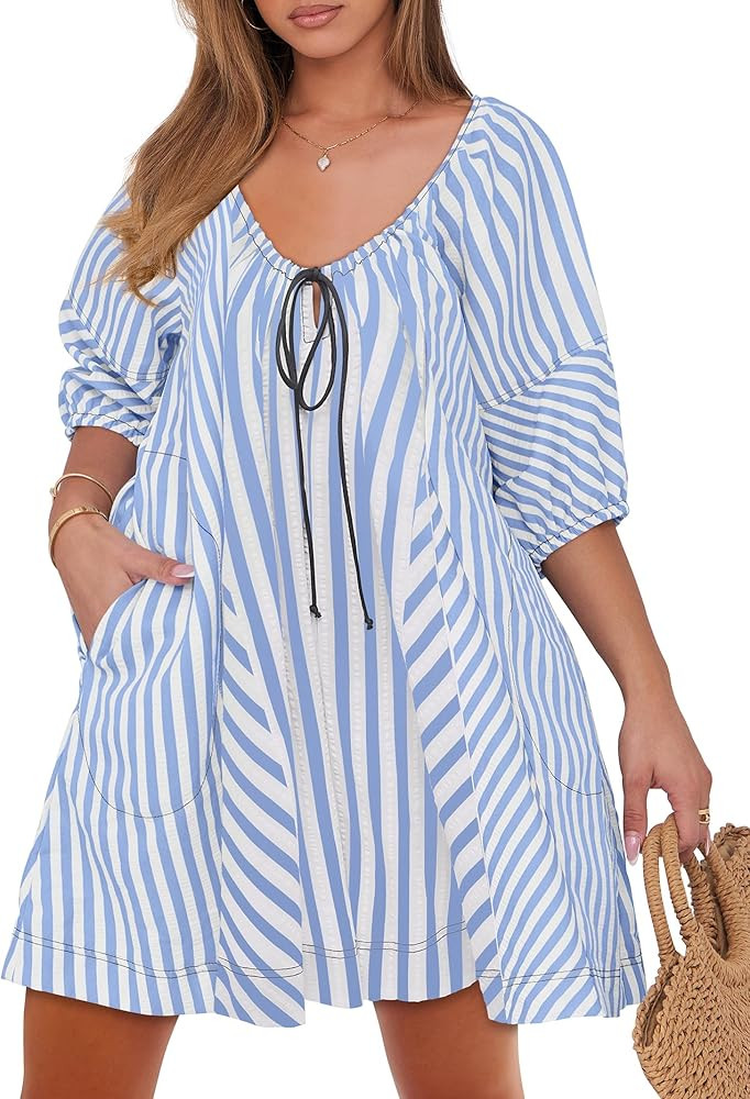 Caracilia Rompers for Women Summer Casual Oversized Striped 3/4 Puff Sleeve Romper Dress One Piec... | Amazon (US)