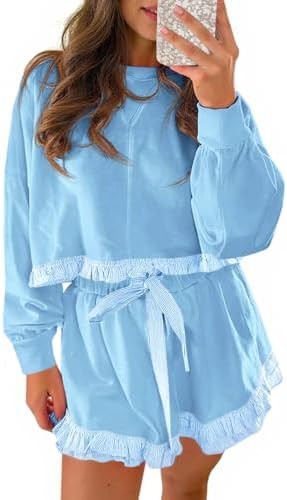Womens 2 Piece Lounge Sets Casual Cropped Sweatshirts Drawstring Ruffle Shorts Matching Set Fall ... | Amazon (US)