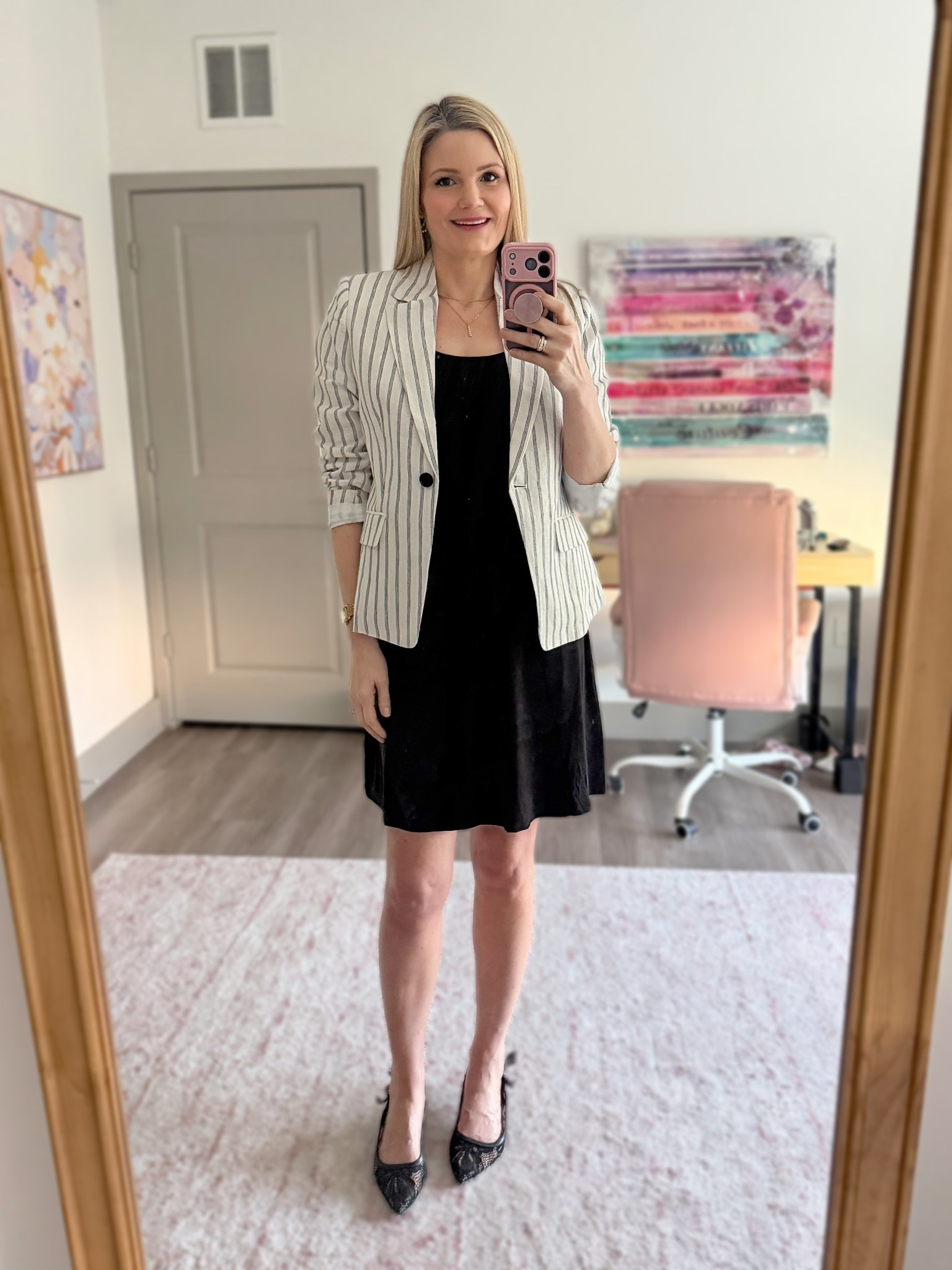 Workwear OOTD! Linen striped blazer (size small) and tank jersey dress (size small tall). Office. Business casual  

#LTKootd #LTKWorkwear #LTKTall