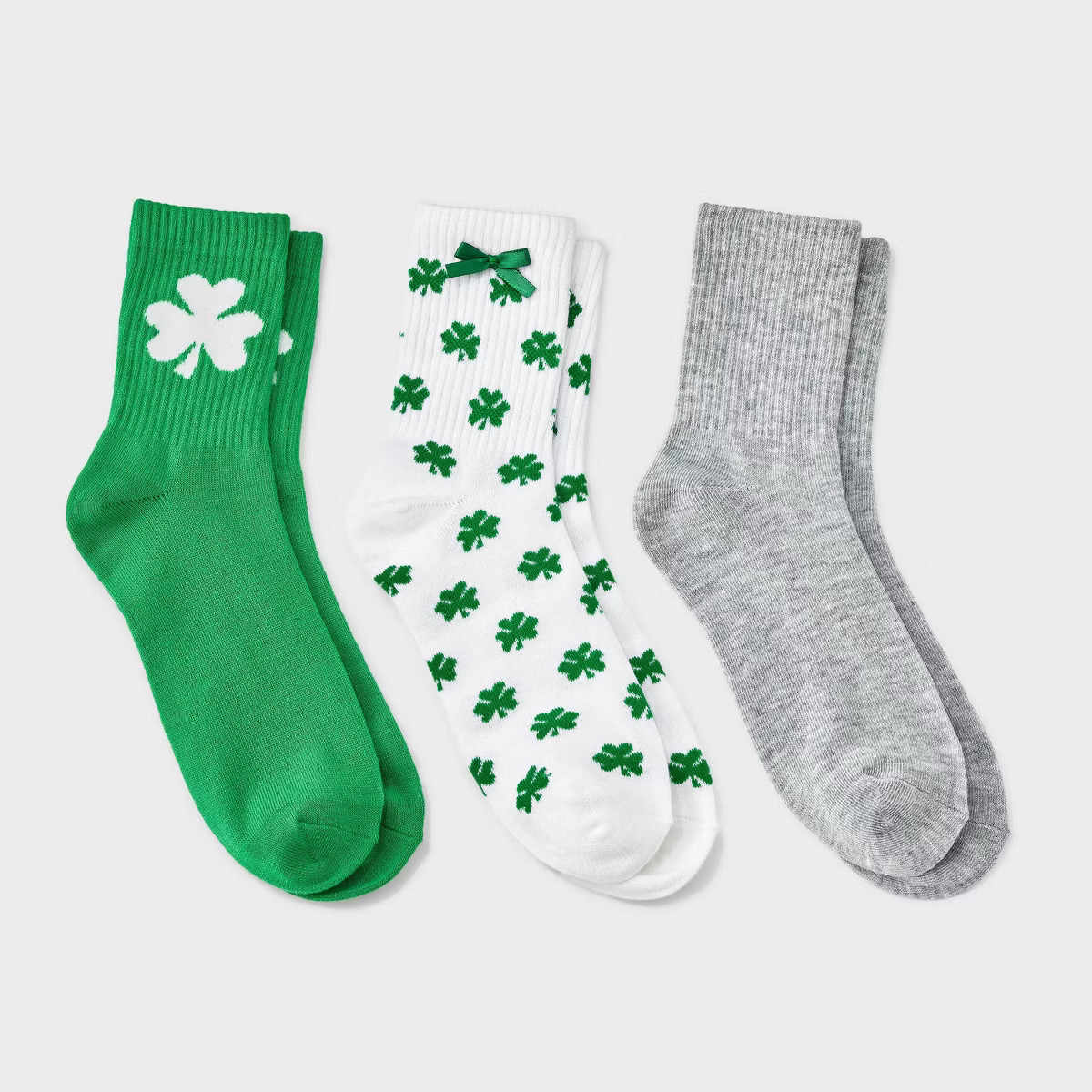 Women's Bow Shamrocks Ribbed St. Patrick's Day 3pk Mid Crew Socks - White/Heather Gray/Green 4-10 | Target
