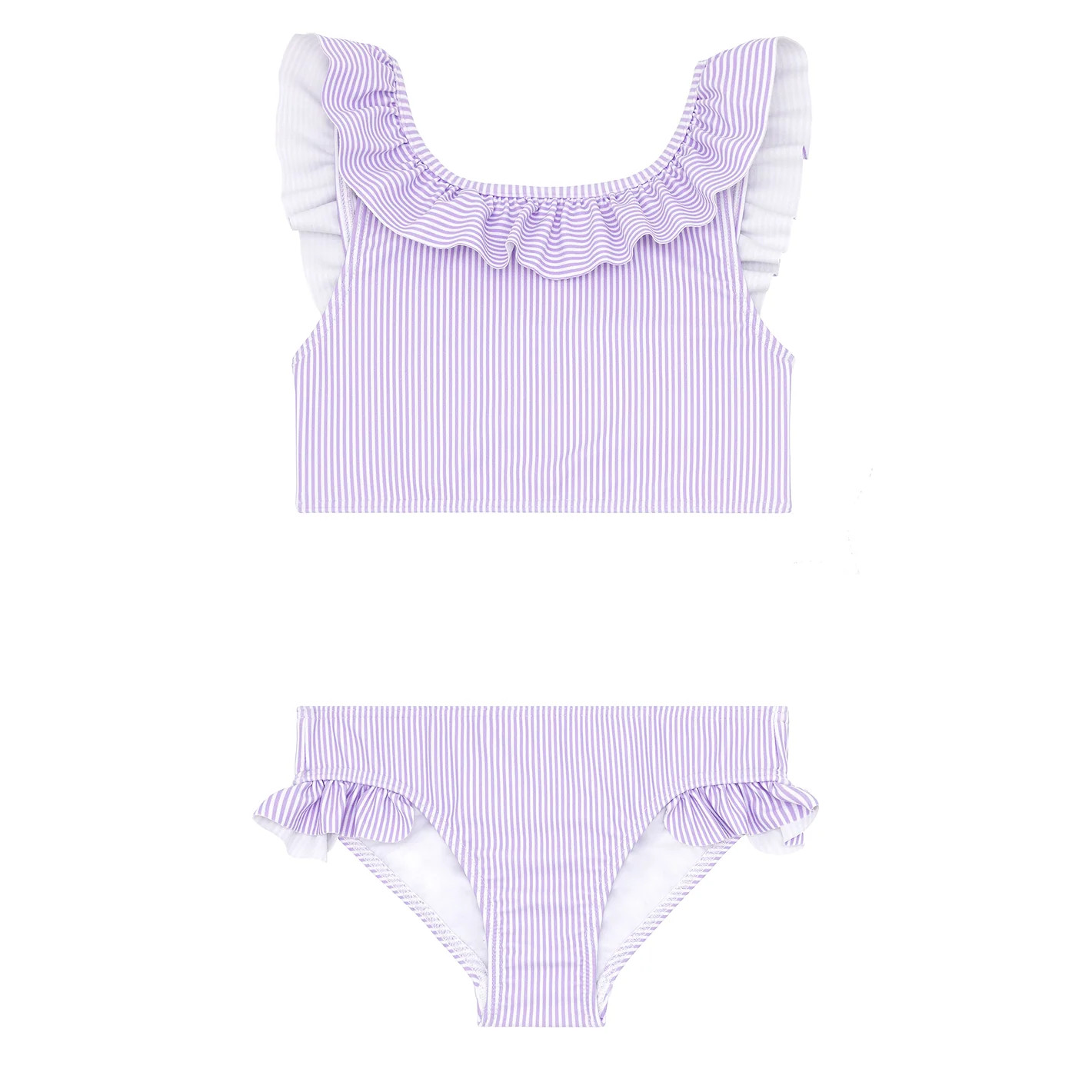 girls lavender stripe ruffle neck bikini | minnow