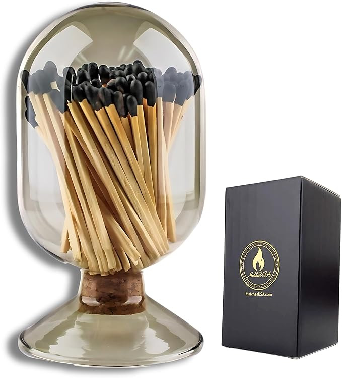 INCLUDES MATCHES ! | Smoke Gray Glass Matches Cloche | Grey Tinted Decorative Match Holder Jar fo... | Amazon (US)