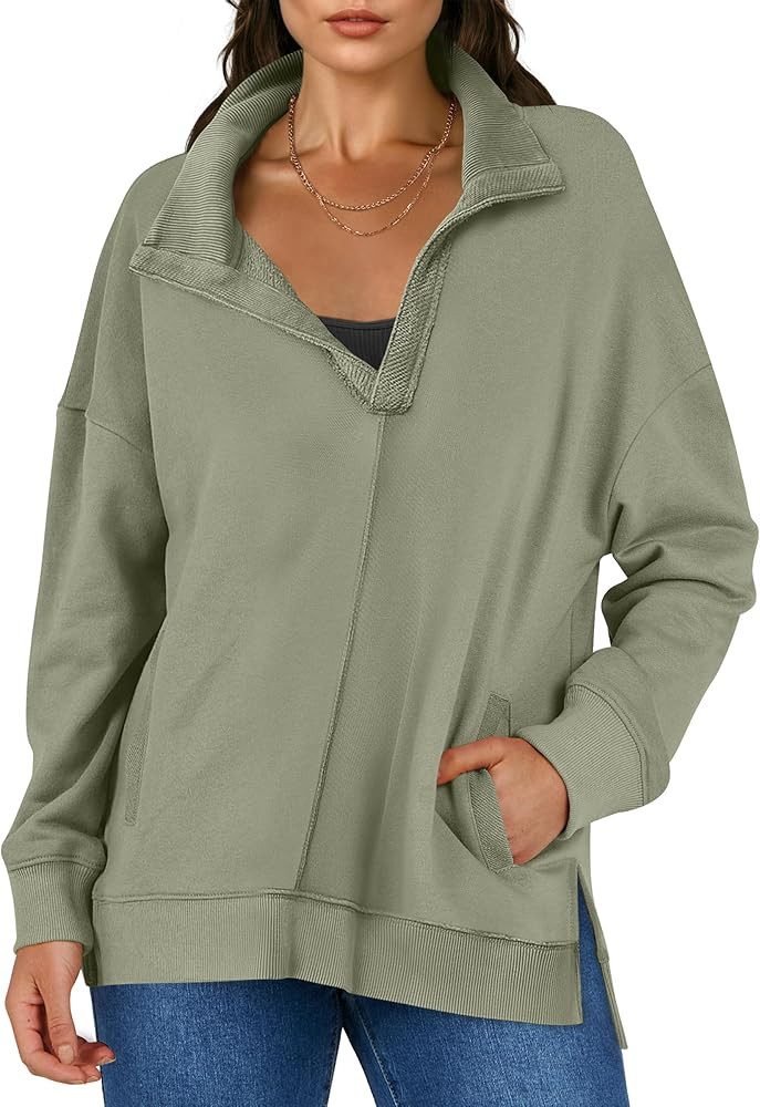 ANRABESS Women Long Sleeve Polo V Neck Split Casual Loose Fit 2024 Fall Tunic Pullover Sweatshirt... | Amazon (US)