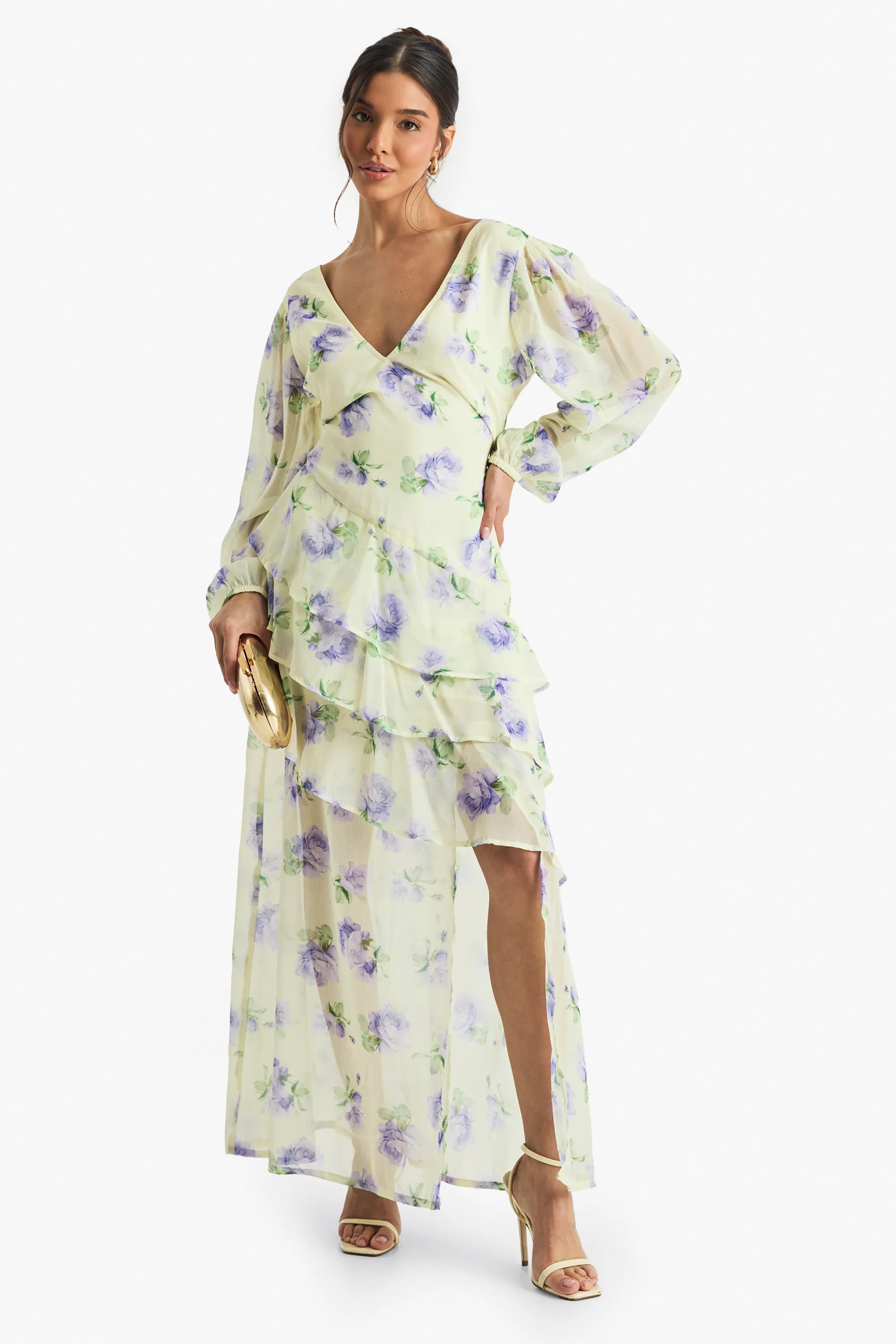 Lemon boohoo Floral Chiffon Frill Detail Maxi Dress | Nasty Gal USA | Nasty Gal US