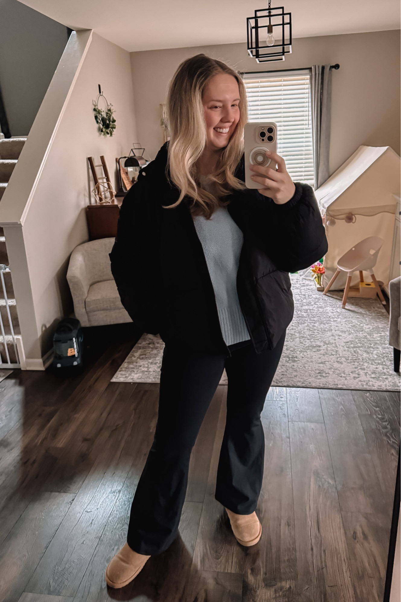 Casual athleisure and sweater style for a weekend with the family. Wore this sporty puffer jacket and flare legging combo to the local coffee shop. Cozy and casual everyday style.

#LTKShoeCrush #LTKMidsize #LTKSeasonal