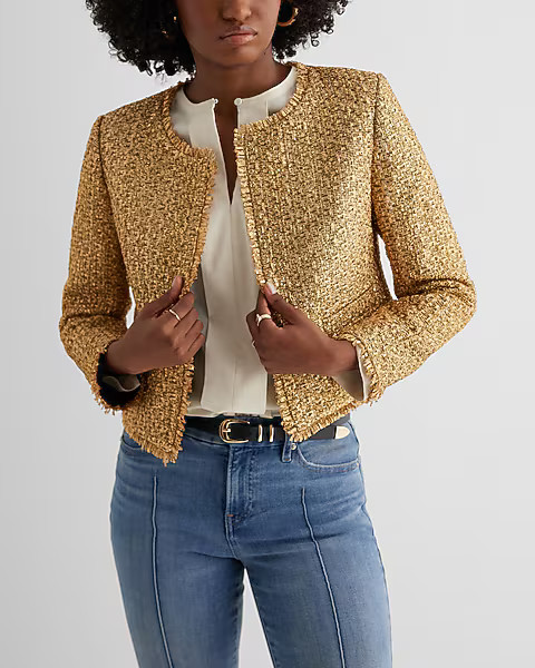 Metallic Tweed Fringe Trim Jacket | Express