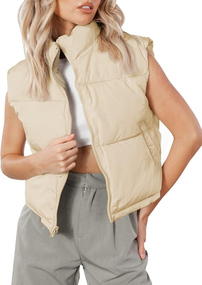 WOTOZR Women's Winter Puffer Vest Zip Up Sleeveless Quilted Down Jacket Coats Padded Gilet with P... | Amazon (US)