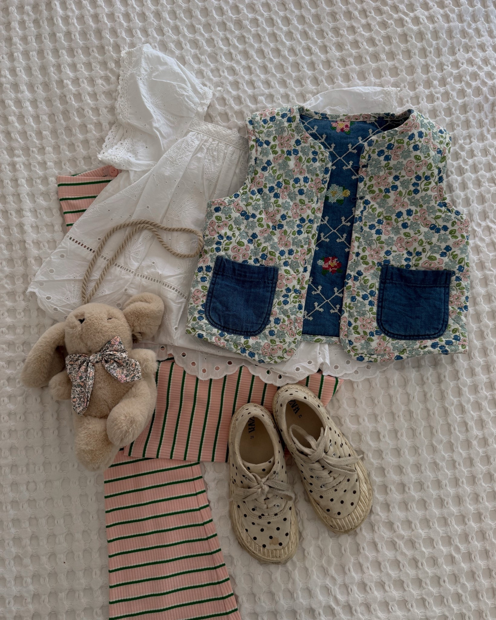 Girls outfit inspo, Boden waistcoat, arket striped leggings, Zara kids bag. Zara polka dot plimsolls, marks and Spencer’s kids white shell top 

#LTKkids #LTKuk #LTKspring