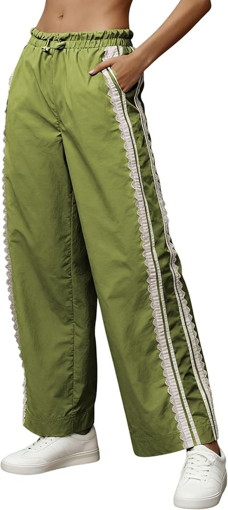 MINSURE Women Baggy Track Pants Lace Side Stripe Drawstring Elastic Waist Wide Leg Parachute Pant... | Amazon (US)