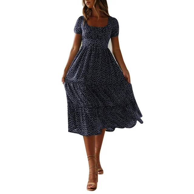 DYMADE Womens Square Neck Polka Dot Short Sleeve Ruffle Swing Dress | Walmart (US)