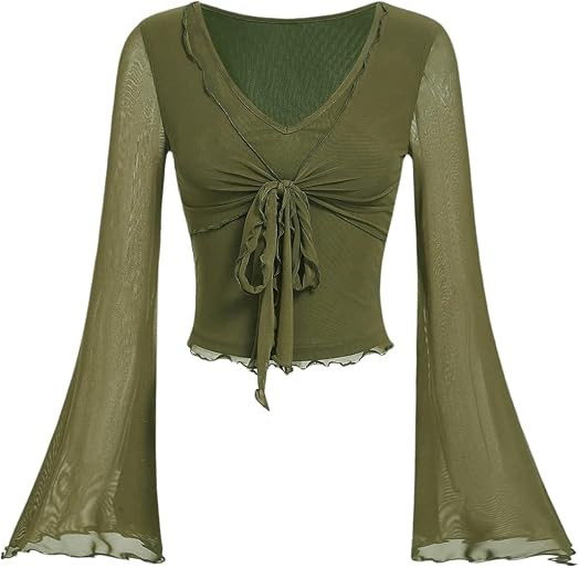 GORGLITTER Women's Bell Sleeve Tie Front Going Out Top Mesh Y2k Cute Shirt | Amazon (US)