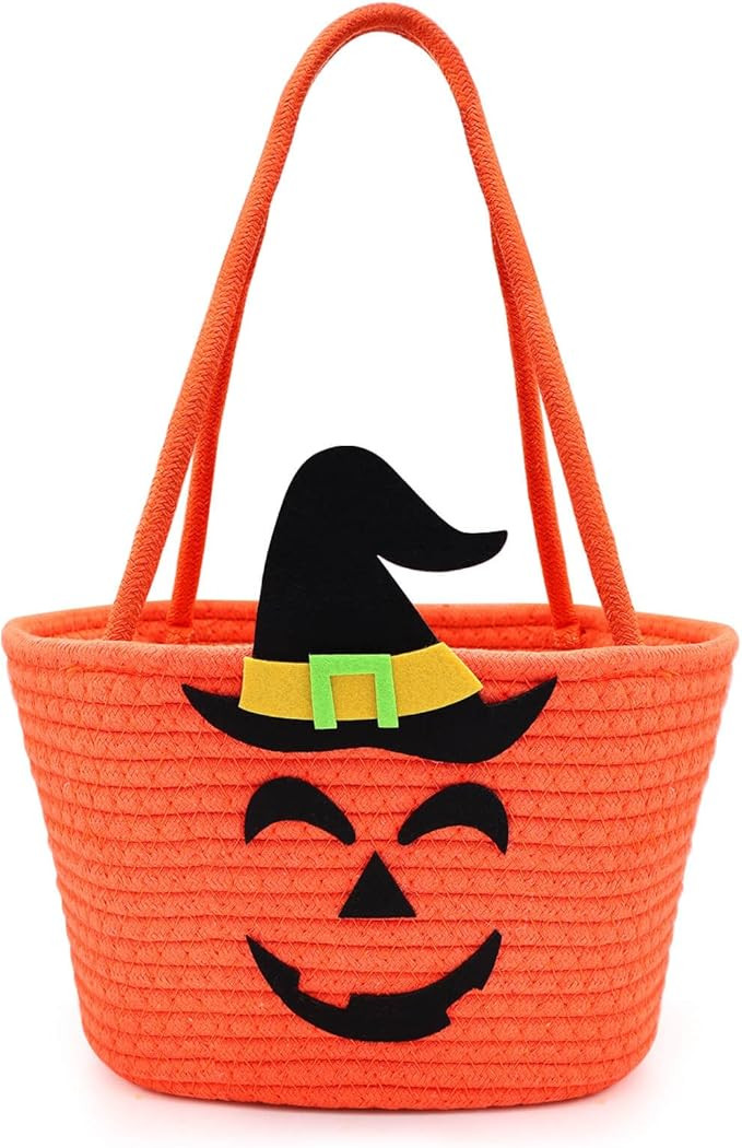 Halloween Pumpkin Bucket with Witch Hat for Trick or Treating, Reusable Candy Tote Basket for Hal... | Amazon (US)