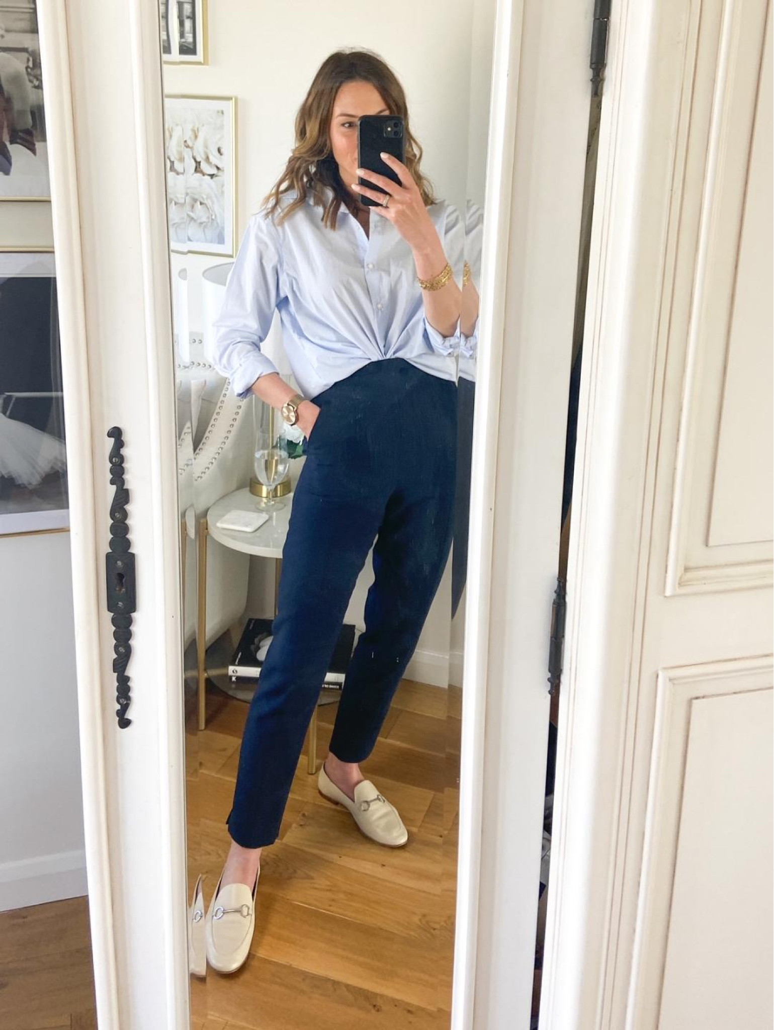 Blue shirt, navy trousers, cream loafers 

#LTKeurope #LTKSeasonal #LTKstyletip