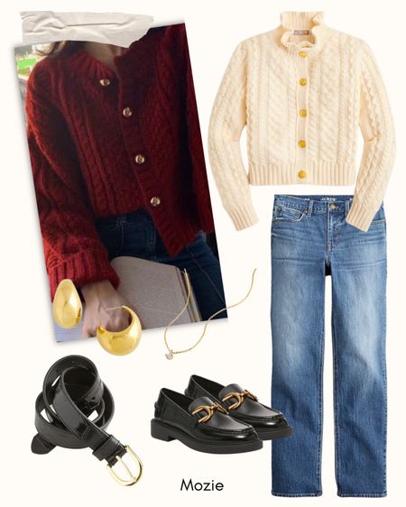This outfit is for the loader lover! A bras buttoned cardigan, straight leg jeans, black loafers, black croc belt, and gold jewelry.

#LTKworkwear #LTKstyletip #LTKSeasonal