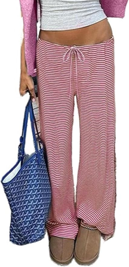 Womens Striped Pants, Low Waist Wide Leg Pajamas Lounge Pants | Amazon (US)