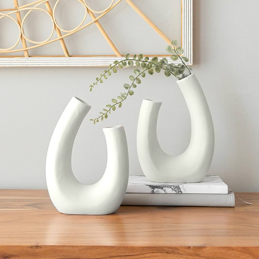 Crutello Minimalist White Ceramic U Style Vase - Set of 2 Modern Home Decor for Mantles, Bookshel... | Amazon (US)