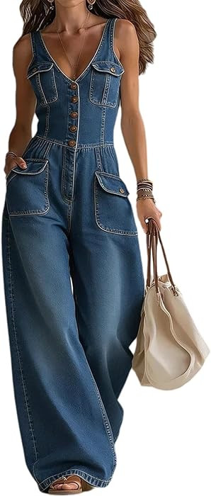 Denim Jumpsuit for Women Sexy Sleeveless V Neck Camisole Smocked Waist Wide Leg Jean Jumpsuit Lon... | Amazon (US)
