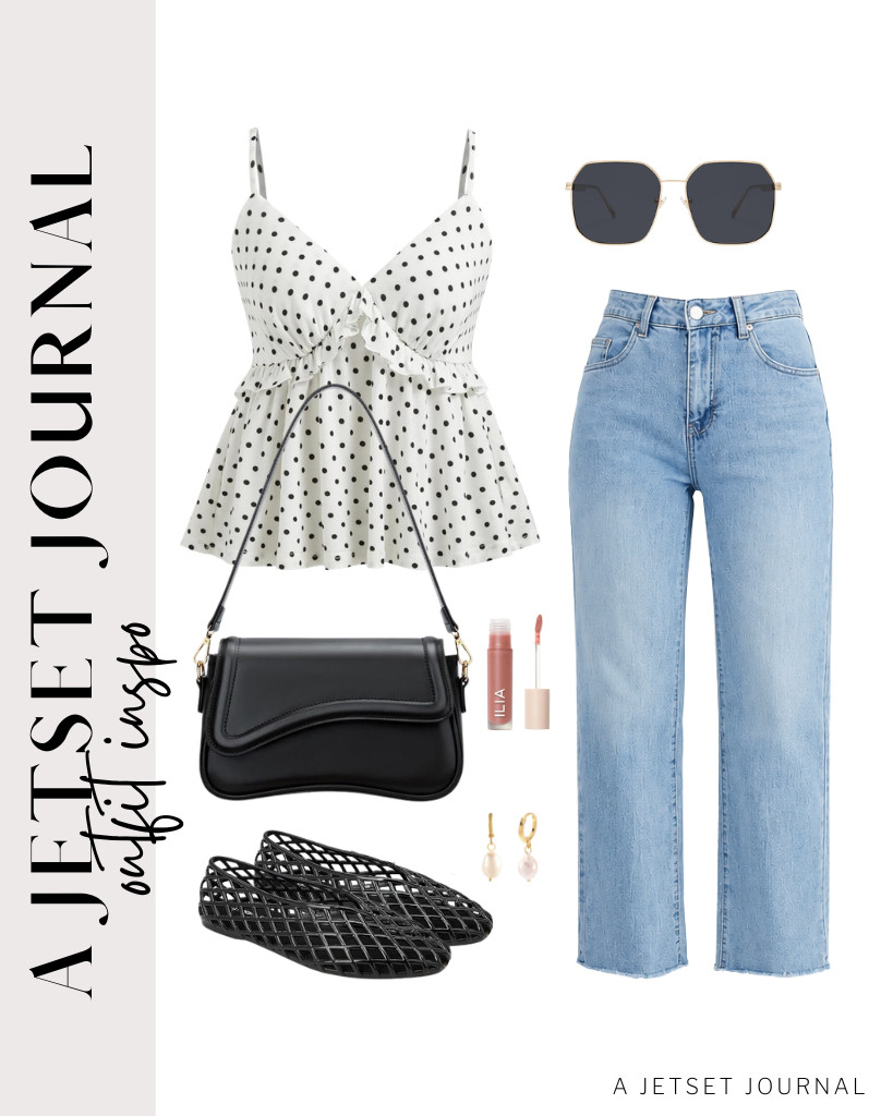Another outfit idea is a white polka-dot top and jeans combination plus Lucky Step jelly ballet flats. Accessorize with gold huggie earrings and SOJOS sunnies. Finish this look with hydrating lip gloss from ILIA.

#LTKSeasonal #LTKSaleAlert #LTKTravel
 

 