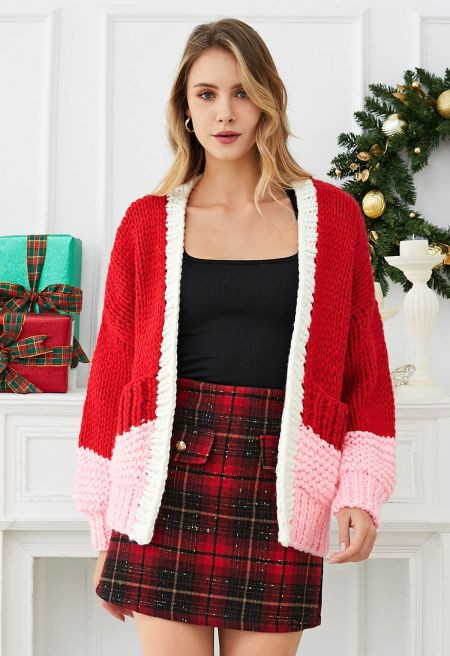 Valentine’s Day Cardigan, Color Blocked Hand-Knit Chunky Cardigan in Red | Chicwish
