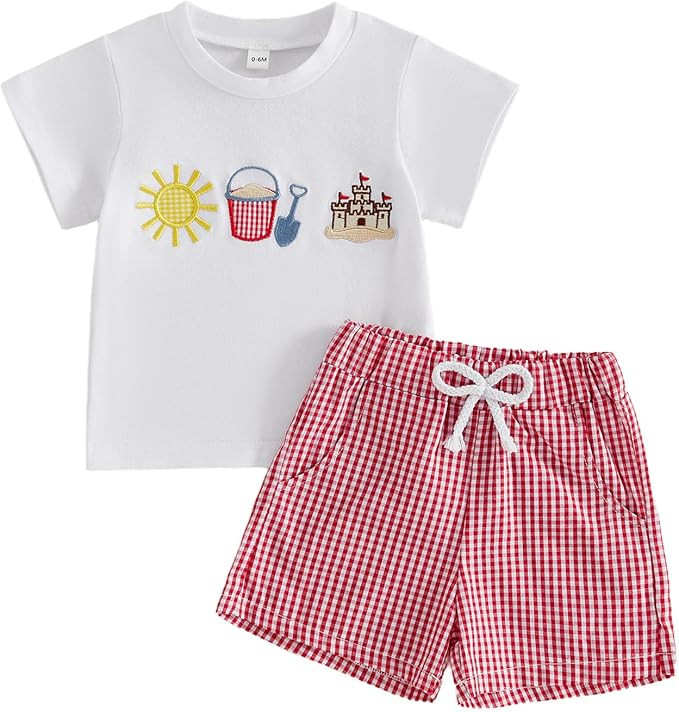 Toddler Baby Boy Summer Clothes Embroidery Short Sleeve T-Shirt Top & Plaid Shorts 2Pcs Set Casua... | Amazon (US)
