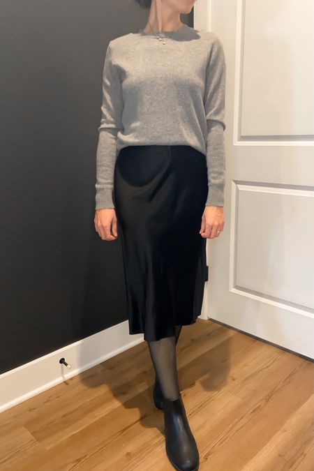 Silk midi skirt outfit for winter