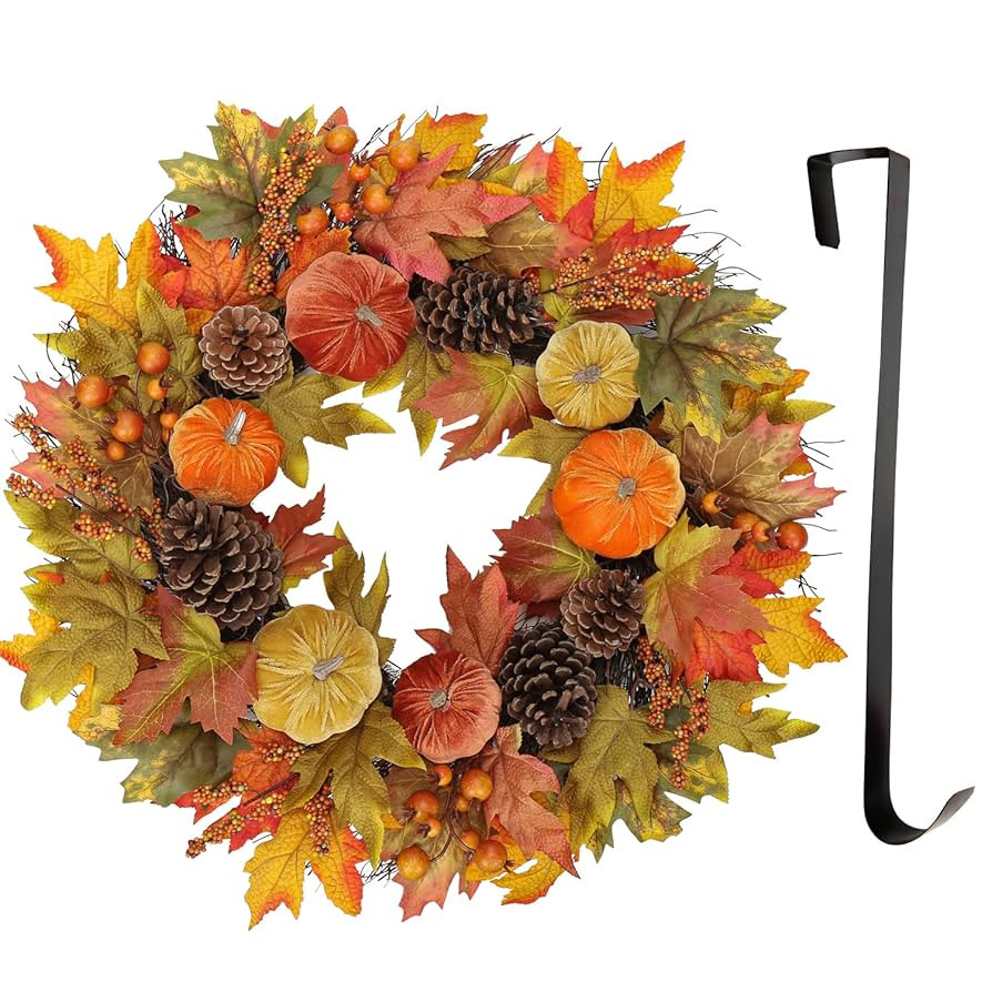 Fall Wreaths for Front Door 26'' Autumn Velvet Pumpkin Wreath with Metal Hook Large Harvest Maple... | Amazon (US)