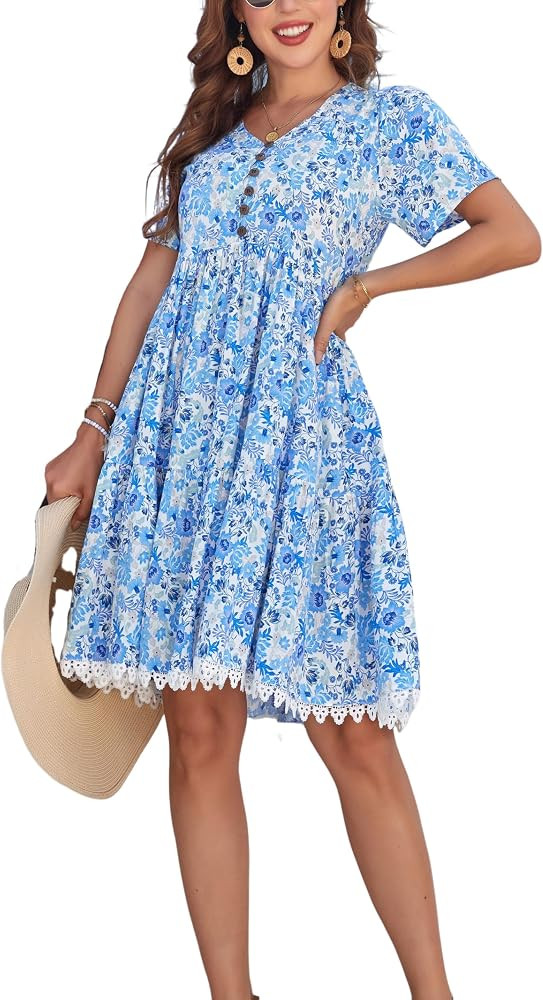 Women's V-Neck Button Down Casual Floral Midi Dress with Short Sleeve Lace Trim Hem Side Pockets | Amazon (US)