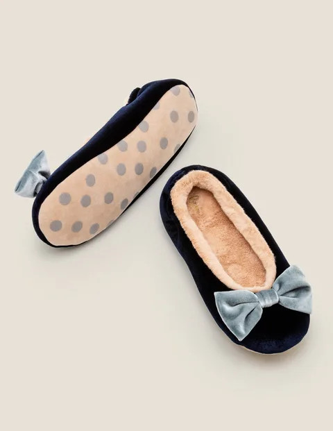 Cosy Velvet Bow Slippers - Navy | Boden (US)