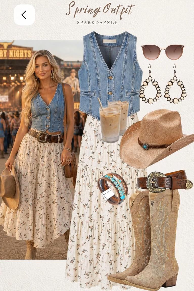 Country concert outfits, summer outfits 2026, festival outfits, Nashville outfit ideas featuring a denim corset, sleeveless shirt, or denim vest styled with a white and blue floral maxi skirt or tiered skirt. Pair with a brown western belt, brown leather cowboy boots, cowgirl boots or tall boots, a straw cowgirl hat or cowboy hat, turquoise earrings and bracelets, and brown aviator sunglasses for the perfect summer fair, rodeo, or carnival outfit. Work dress outfits and wedding guest dresses, including teacher outfits and workwear styles like a red or maroon floral dress paired with a beige or ivory leather jacket, tall knee-high beige boots, and a taupe quilted purse. #Abercrombie #amazon #nordstrom Teacher outfits, business casual looks, casual outfits, neutrals, and street style featuring midi skirts, maxi dresses, swimsuits, bikinis, travel outfits, skinny jeans, puffer jackets, concert outfits, cocktail dresses, sweater dresses, sweaters, cardigans, fleece pullovers, hoodies, button-downs, oversized sweatshirts, jeans, high waisted leggings, dresses, joggers, fall fashion, winter fashion, leather jackets, sherpa jackets, deals, shackets, plaid shirt jackets, apple watch bands, lounge sets, date night outfits, vacation outfits, mom jeans, shorts, sunglasses, Disney outfits, rompers, jumpsuits, airport outfits, biker shorts, weekender bags, plus size fashion, Stanley cup tumblers, work blazers, work wear, workwear boots, booties, over-the-knee boots, ankle boots, Chelsea boots, combat boots, pointed toe, chunky sole, heels, sneakers, slip-on shoes, Nike, adidas, Vans, Dr. Martens, UGG slippers, Golden Goose, sandals, high heels, loafers, Birkenstock, wedding guest dresses, bachelorette party outfits, white dresses, bridesmaid dresses, cocktail dresses, bridal shower dresses, bride looks, and wedding guest outfits from Target, Abercrombie and Fitch, Amazon, Shein, Nordstrom, H&M, Forever 21, Walmart, ASOS, Nordstrom Rack, Nike, adidas, Vans, Quay, Tarte, Sephora #LTKFestival