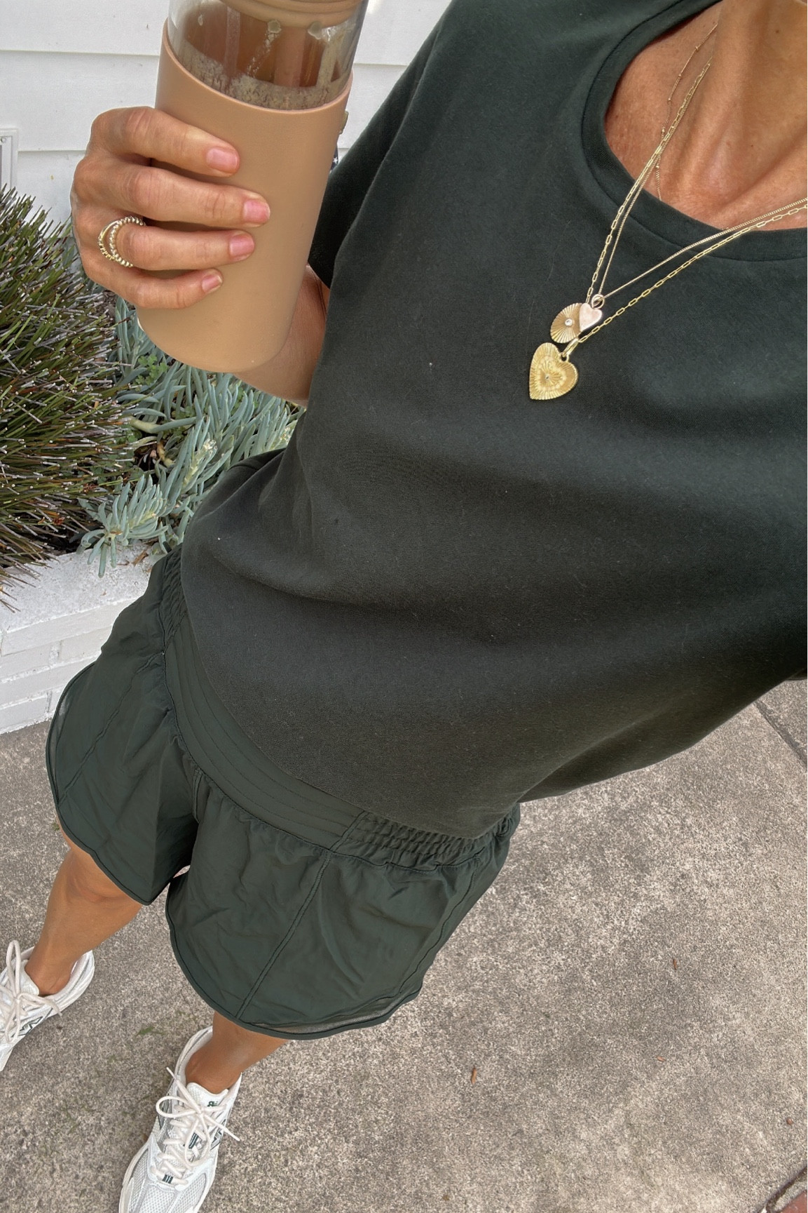 Workout —> school drop 
Wore these shorts for my running run (wearing a size 4) they were so comfortable 
Threw this organic cotton tee on for school drop, nice stretch and would work with jeans as well. 
Sneakers are tts (I don’t run in these) 

#LTKOver40