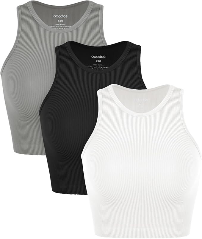 ODODOS 3-Pack Seamless Crop Tank for Women Ribbed Soft High Neck Cropped Tops | Amazon (US)