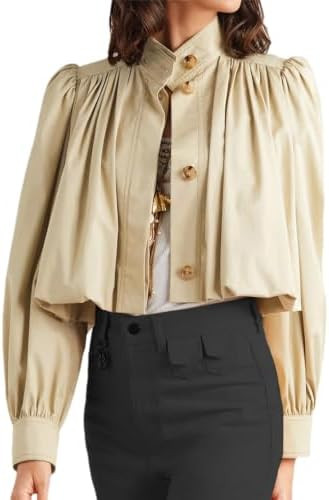 Womens Cropped Pleated Jacket Puff Long Sleeve Button Down Trench Coat Casual Outwear with Pocket... | Amazon (US)