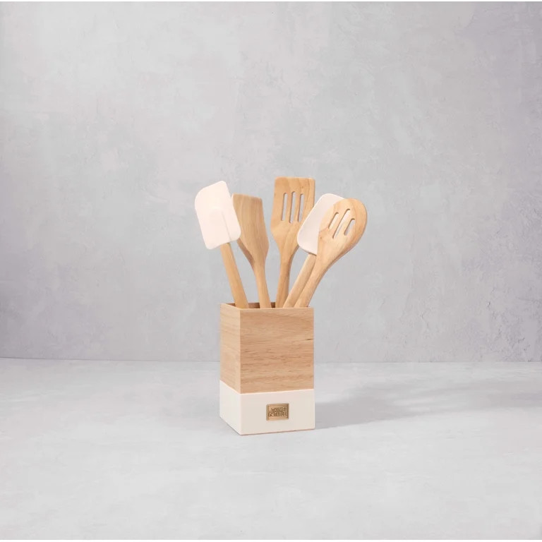 Thyme & Table 6-Piece Wood and Silicone Utensil Set, Cream | Walmart (US)