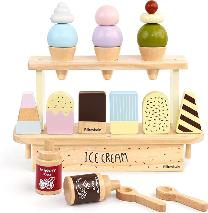 Wooden Ice Cream Play Set for Kids \u2013 24 PCS Pretend Ice Cream Toy Counter with Cones, Popsic... | Amazon (US)