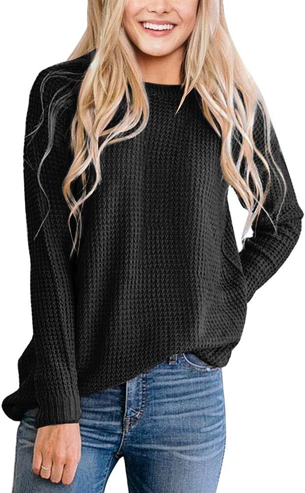 Women's Long Sleeve Waffle Knit Sweater Crew Neck Solid Color Pullover Jumper Tops | Amazon (US)