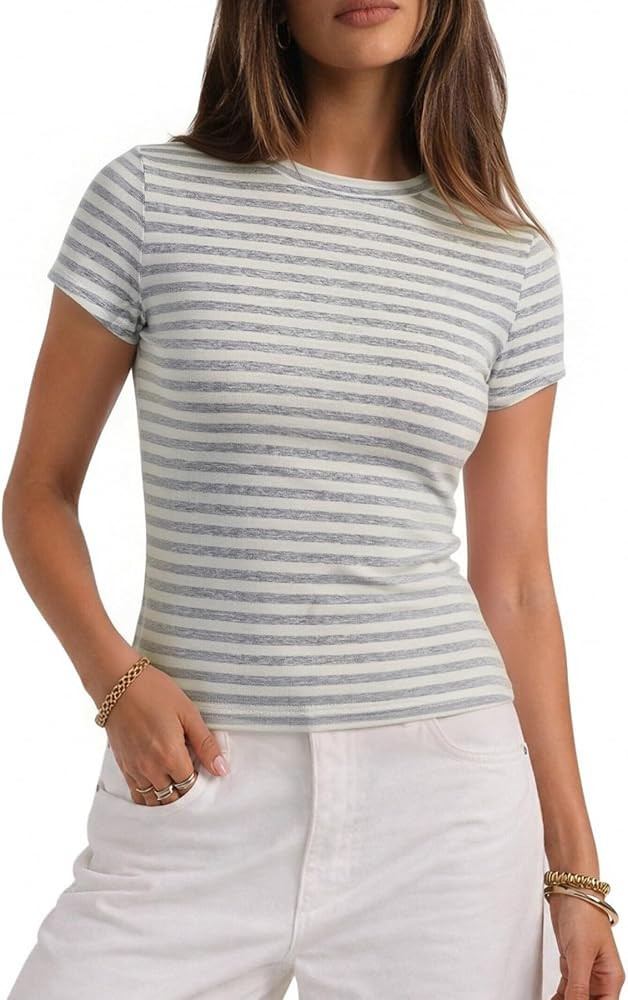CHYRII Womens Lyocell Summer Tops Striped Casual Short Sleeve T Shirts | Amazon (US)