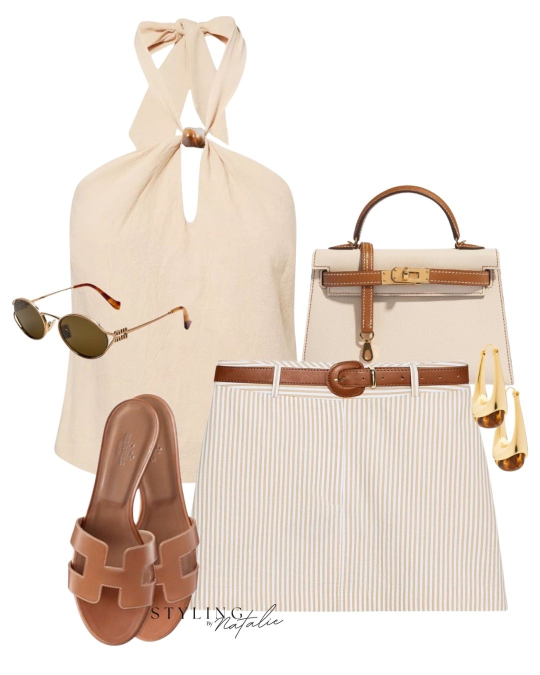 Neutral summer look- pinstripe belted mini skirt/skort, bead detail halter top, hermed slides, Miu Miu sunglasses, Hermes Kelly handbag. Casual chic, Zara, high street, OOTD

#LTKsummer #LTKuk #LTKstyletip