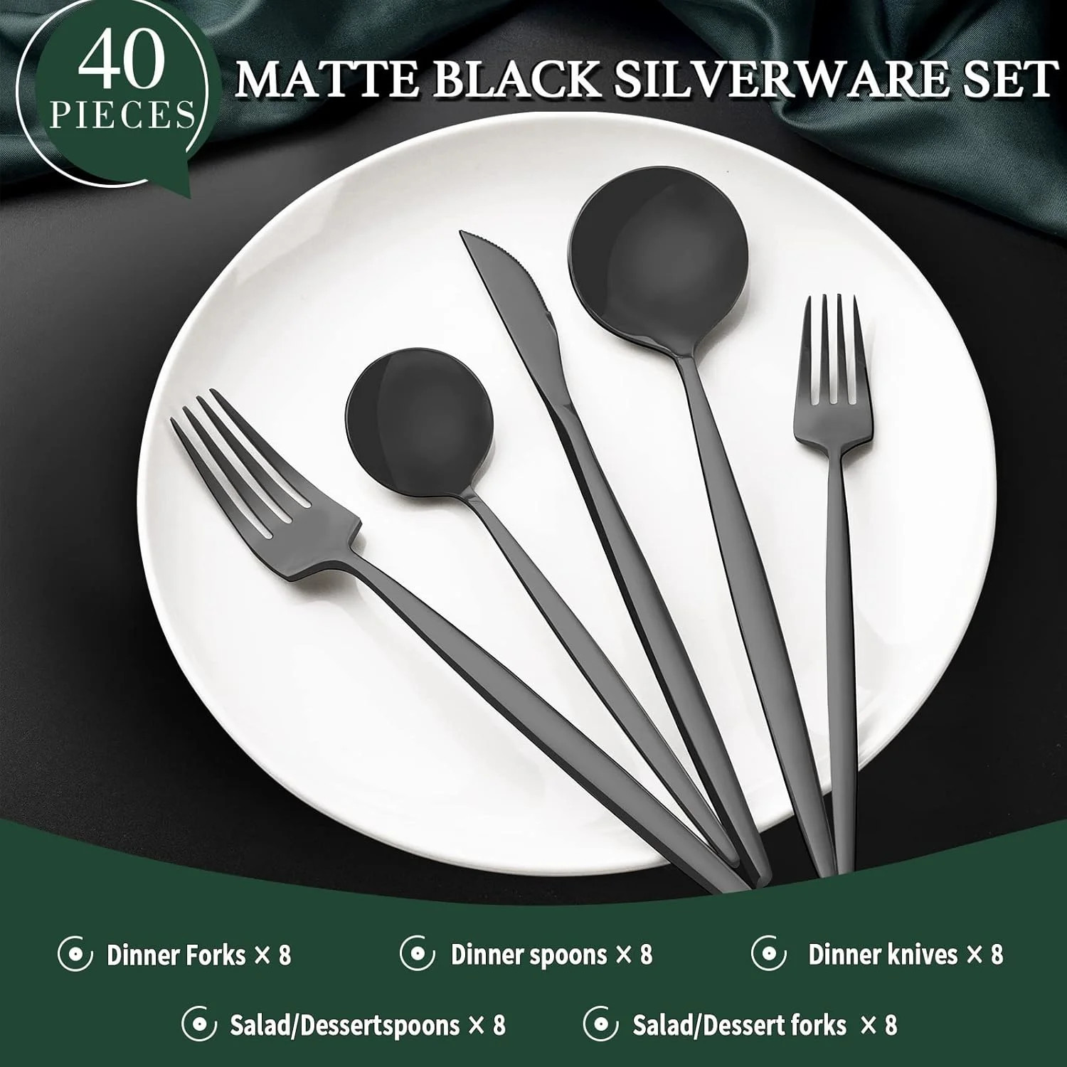 YUYAN-40-Piece Matte Black Silverware Set for 8, Stainless Steel Flatware Cutlery Set, Cutlery Ki... | Walmart (US)