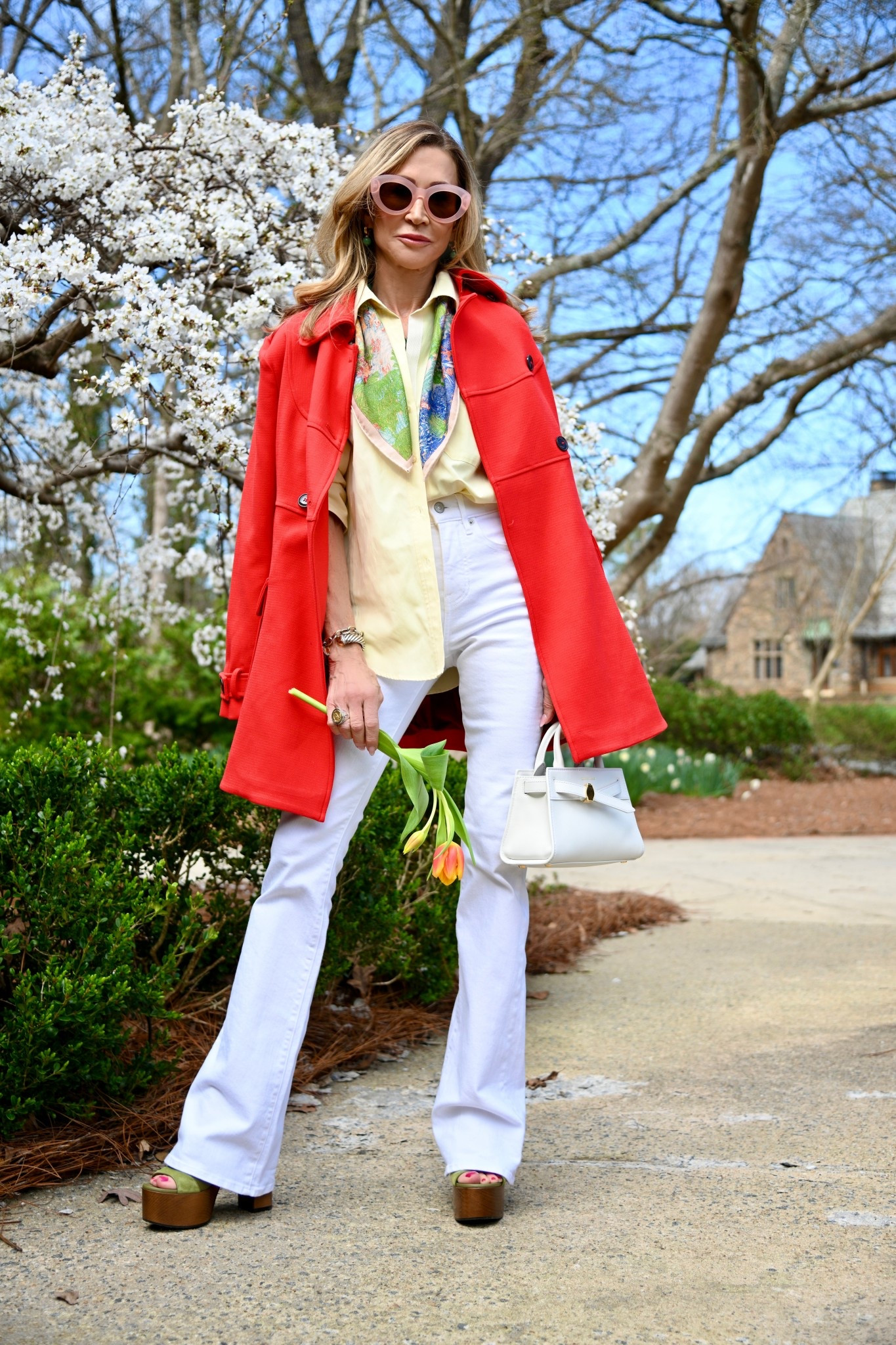 Colorful spring style…Anthropologie tomato red trench, white skinny flare jeans, silk scarf, butter yellow button up from Veronica Beard and platform sandals with a white bag!  


#LTKOver40 #LTKootd #LTKSeasonal