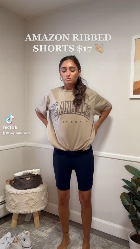 casual outfit idea 
Amazon ribbed bike shorts $17 
Oversized tee is size small currently sold out but restocks often!! 
LA oversized tee size small $18 
Platinum converse 
Nike high socks 
#competition #fashionunder20

#LTKunder50 #LTKstyletip #LTKsalealert