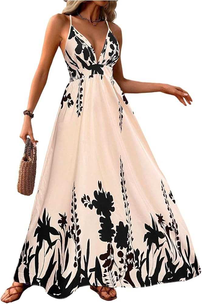 MakeMeChic Women's Backless Maxi Dress Summer Luau Dress Wedding Guest Boho Sundress Flowy Beach ... | Amazon (US)