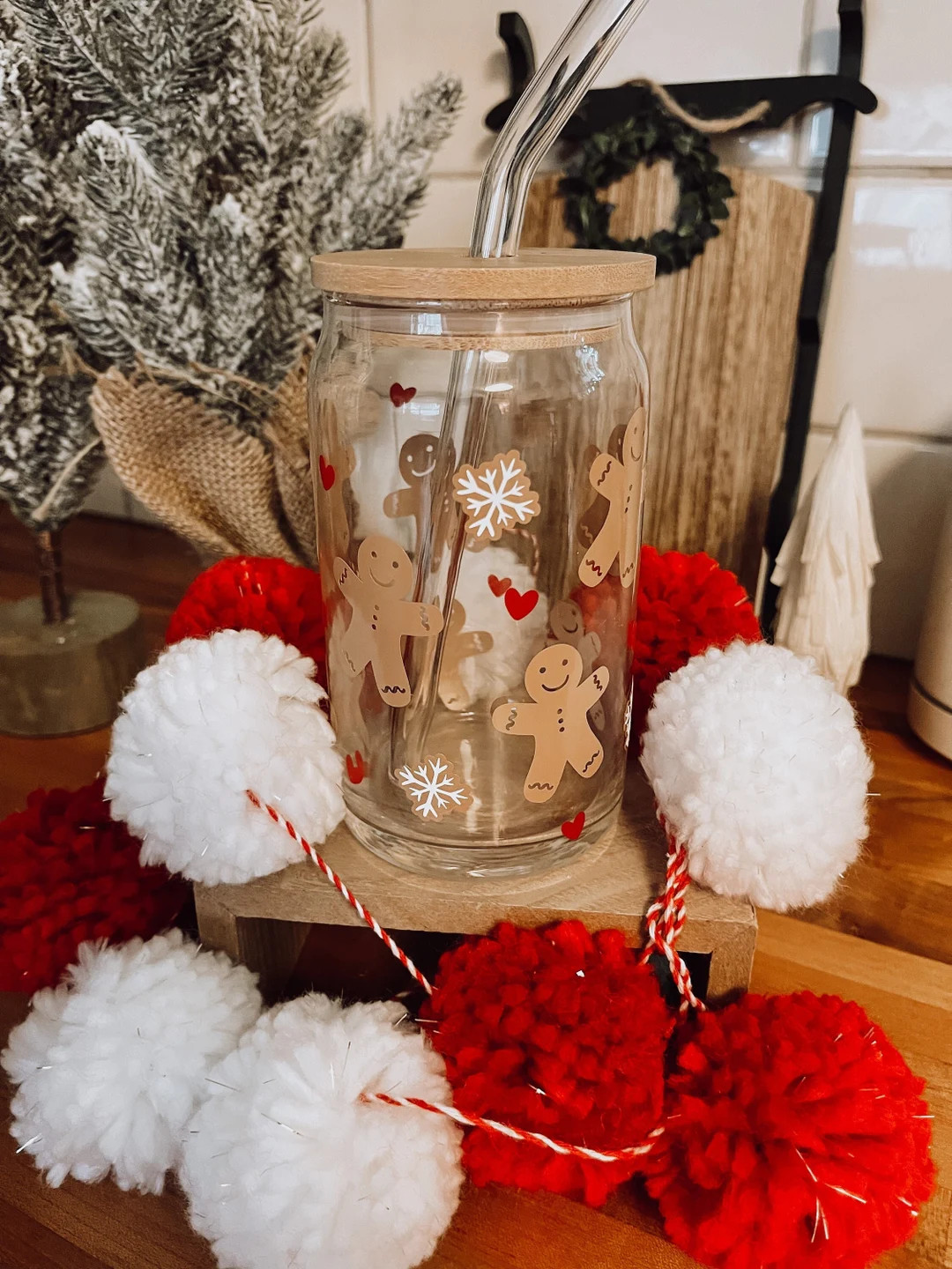 Gingerbread Man Iced Coffee Glass with Bamboo Lid & Glass Straw 16 oz | Beer Can Glass, Christmas... | Etsy (US)
