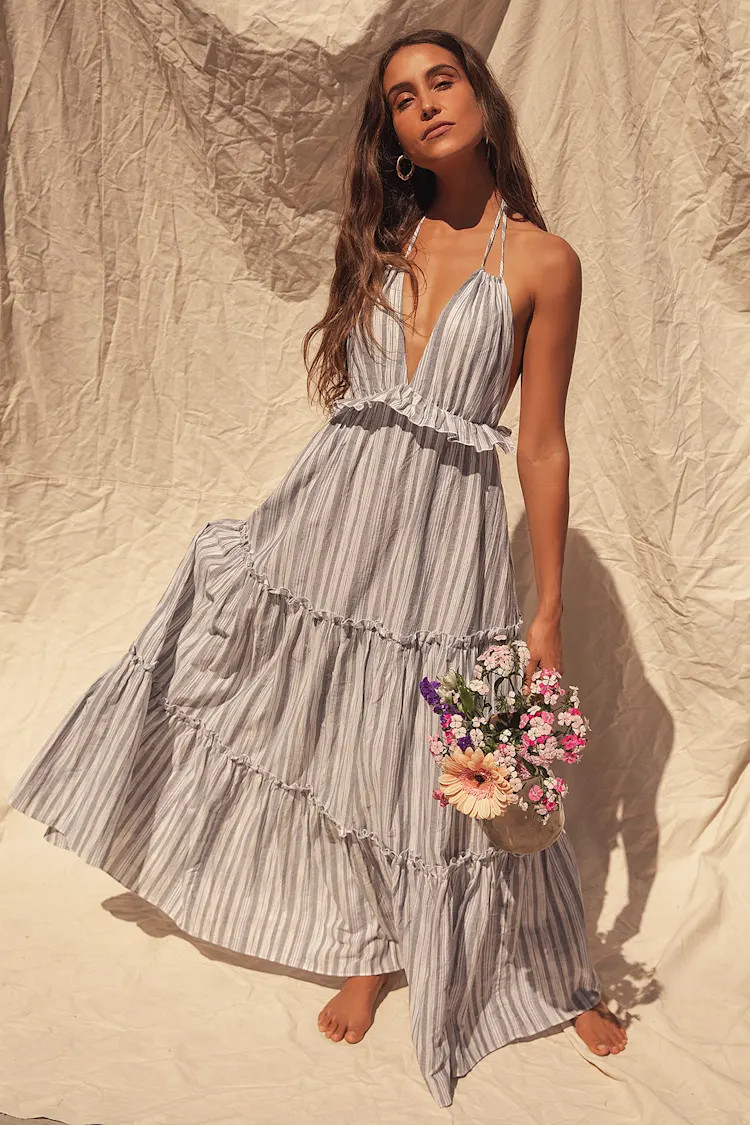 Vacay Babe Grey Striped Halter Maxi Dress | Lulus (US)