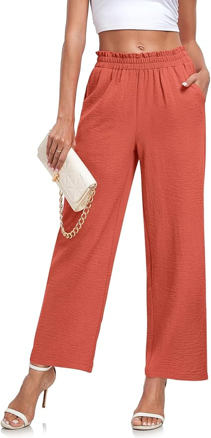 Anydeer Women Pants Loose Wide Leg Trousers Straight Casual Dressy Palazzo Ruffle High Waist Slac... | Amazon (US)