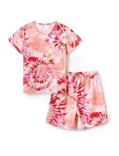 PATPAT Tie Dye Pajama Sets for Girls Short Sleeve T-Shirts and Shorts Pjs Kids Summer 2Pcs Loungewear Orange Pink 12 Years | Amazon (US)